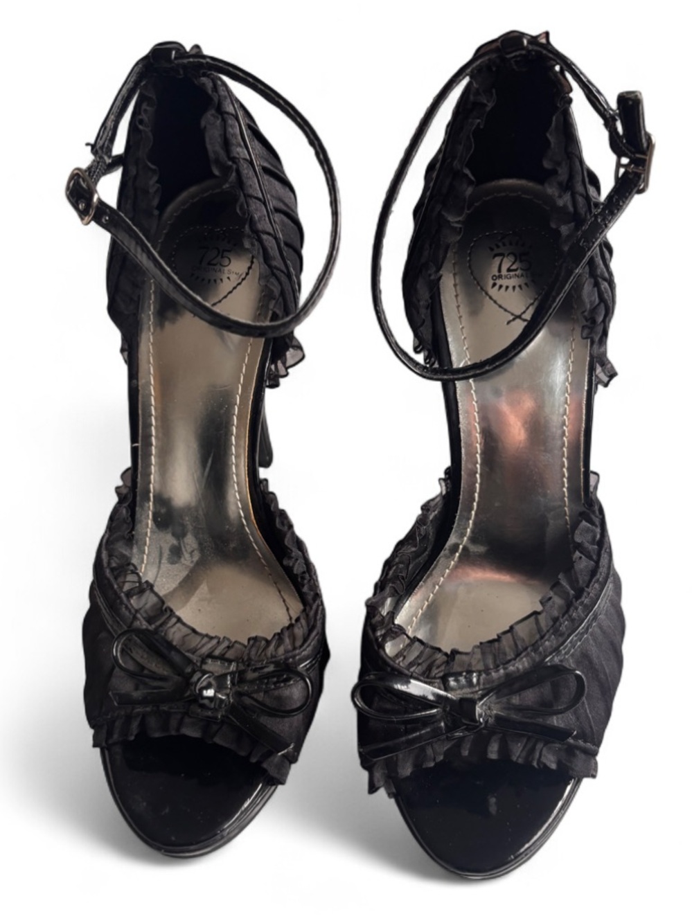 725 originals Black Ruffle Peep-Toe Ankle-Strap Heels